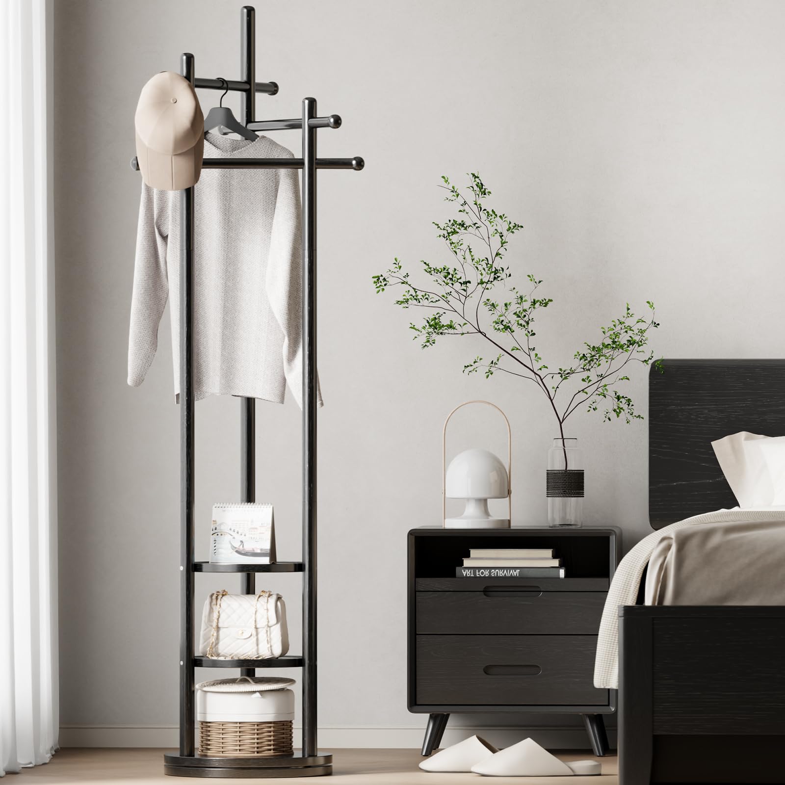 KASLANDI Coat Rack, Solid Wood Rotating Coat Rack Freestanding With 3 ...