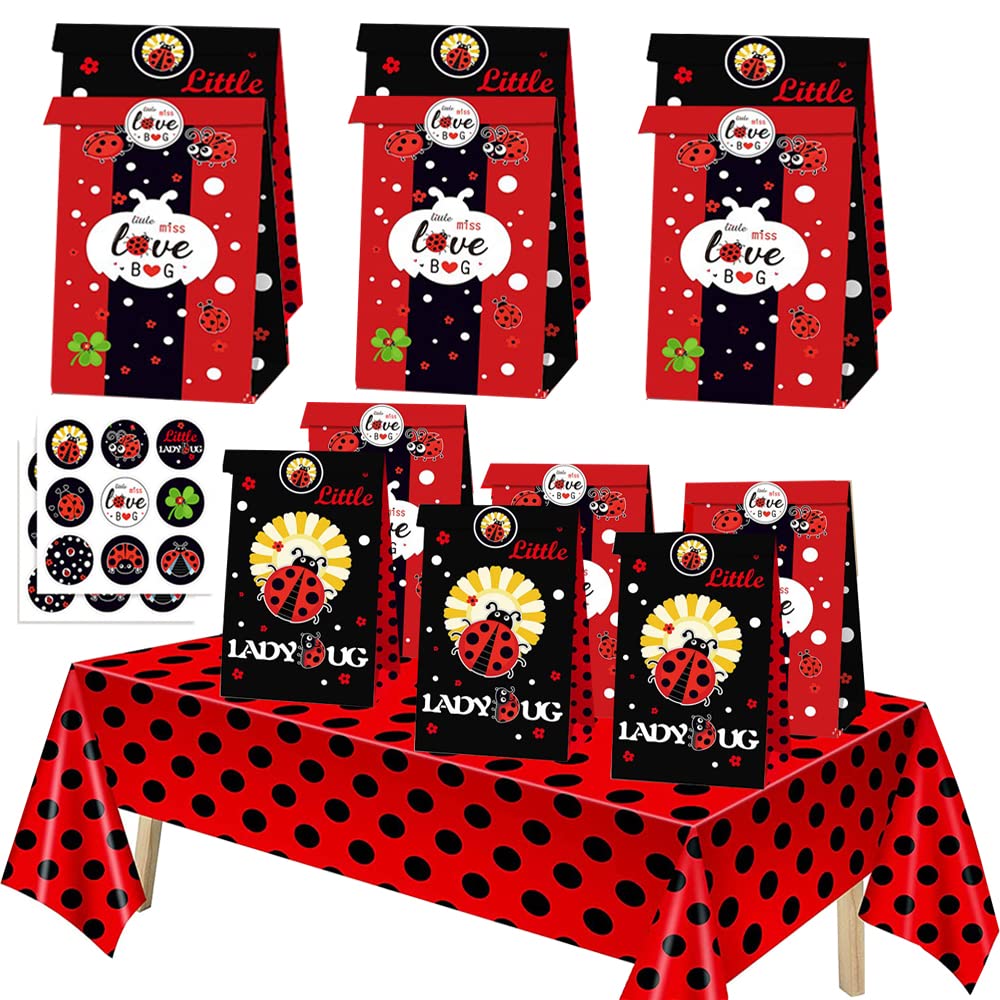 Ghberll Ladybug Party Bags 30Pcs Favor Kit with 1 Tablecover Red Black Polka Dots Tablecloth and Treat Paper Candy Bags for Birthday Party Decorations Supplies