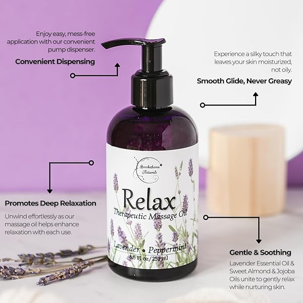 RELAX THERAPEUTIC BODY MASSAGE OIL – WITH BEST ESSENTIAL OILS FOR SORE MUSCLES & STIFFNESS – LAVENDER, PEPPERMINT & MARJORAM – ALL NATURAL – WITH SWEET ALMOND, GRAPESEED & JOJOBA OIL 8OZ