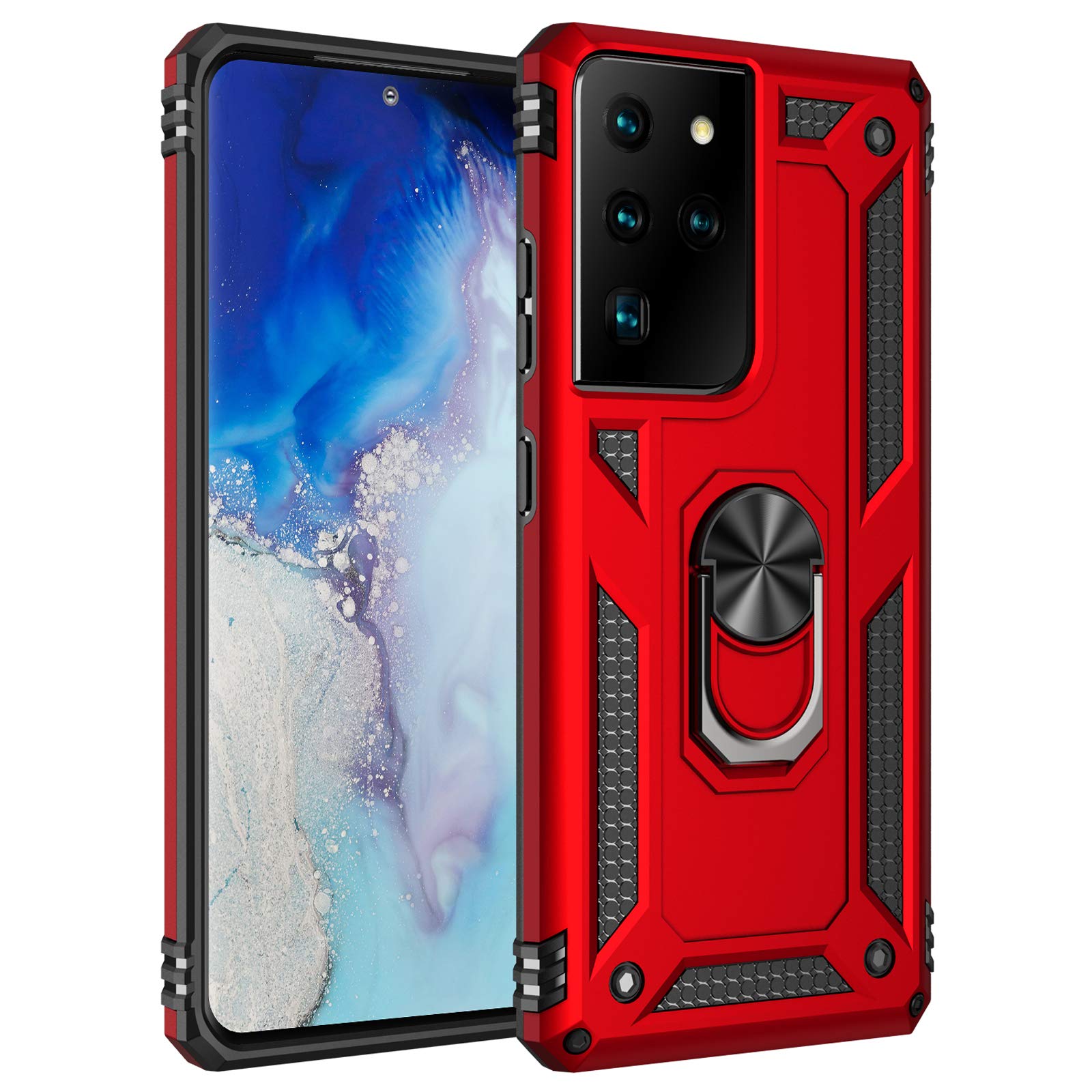 Asuwish Compatible with Samsung Galaxy S21 Ultra/S30 Plus Case Stand Ring Holder Accessories Heavy Duty Rugged Protective Shockproof Bumper Kickstand Phone Cases for S21Ultra 2021 Girls Boys Red — image 1