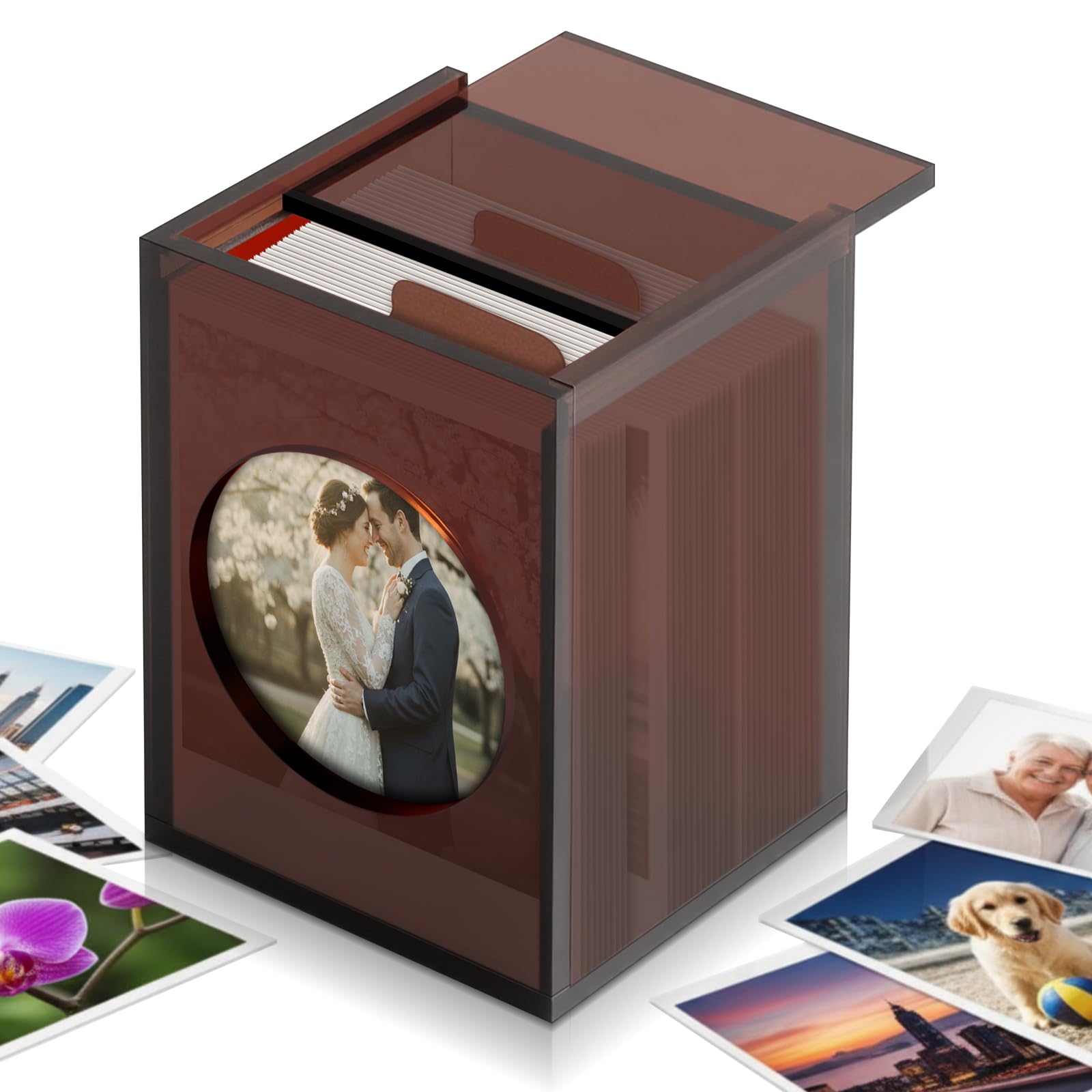 Photo 1 of 1 Pack Acrylic Photo Frame Storage Box for 4.2 x 3.5 Square Film Instant Photos, Amber Photo Storage Box with Sliding Lid and Partition, Valentine's Day Creative Gift, Wedding Guest Book Alternative