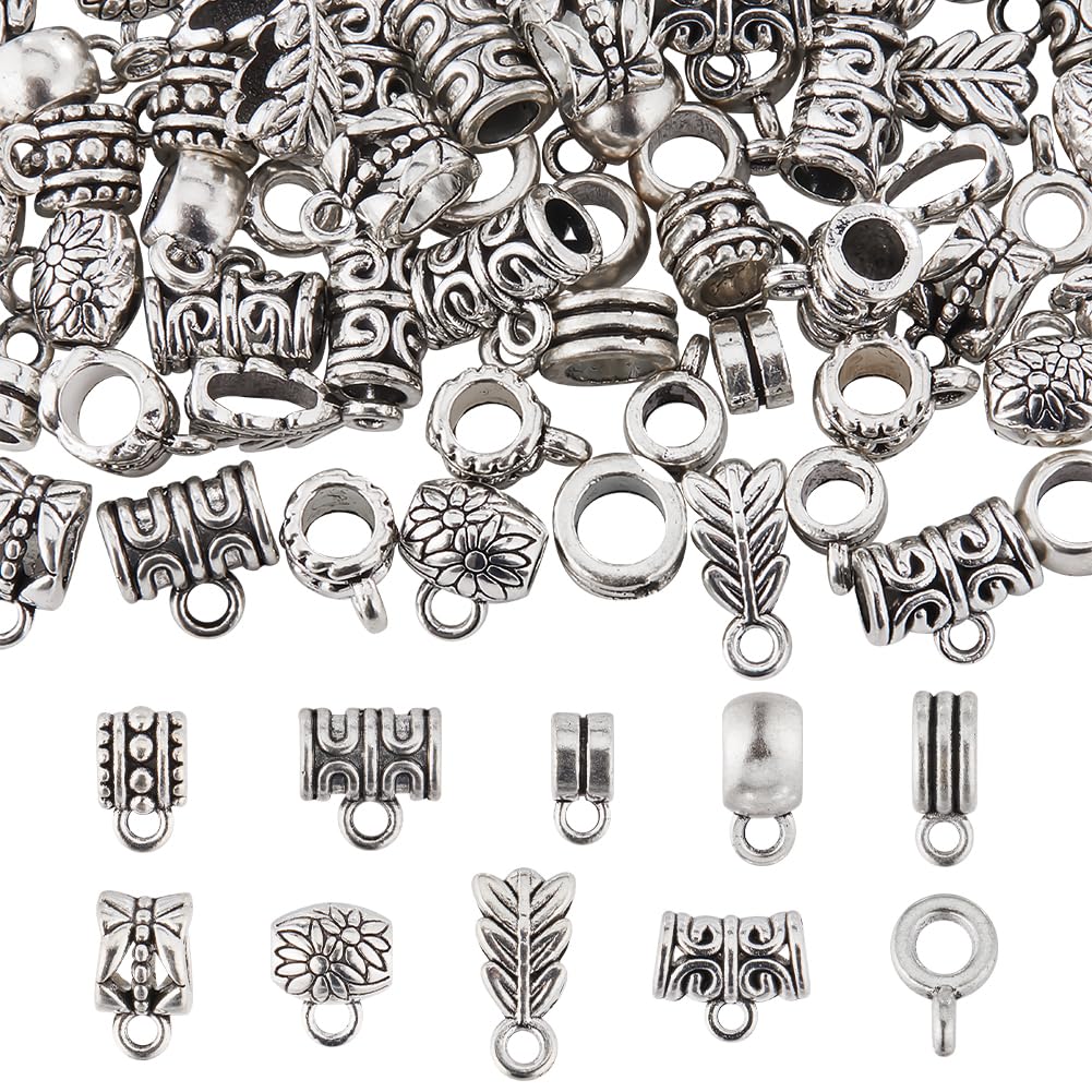 SUNNYCLUE 1 Box 100Pcs 10 Styles Bail Beads Bulk Silver Bail Beads Clasp Tibetan Alloy Retro Tube Rondelle Flower Spacer Bead Hanger Charm for Jewellery Making Charms Supplies DIY Bracelets Necklaces