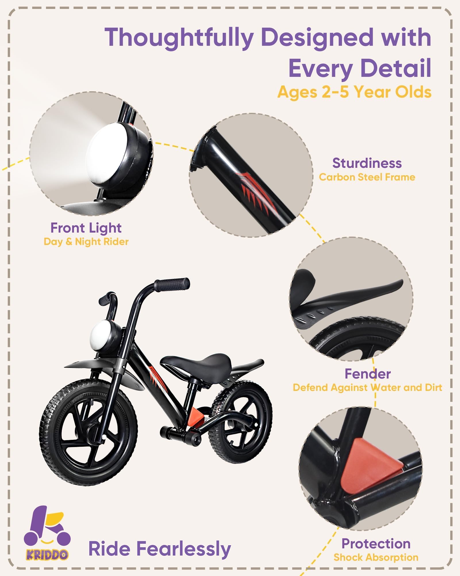 KRIDDO Kids Balance Bike for 2-5 Years, with Front Light, Upgraded Tires for All Terrain, Upgraded Bearing for Smooth and Stable Riding, Front and Rear Fenders, Adjustable Seat