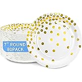 DYLIVeS 80 Count White and Gold Paper Plates, 7 inch Metallic Foil Polka Dots Disposable Dessert Party Plates Cocktail Party Supplies Plates for Birthday, Bridal Shower, Easter, Graduation Party