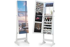 CHARMAID Jewelry Armoire Cabinet with Full Length Mirror, 6 LEDs Standing Lockable Jewelry Organizer with Vanity Makeup Mirror, 4 Storage Drawers, 4 Shelves, Lipstick Tray, 4 Angles (White)