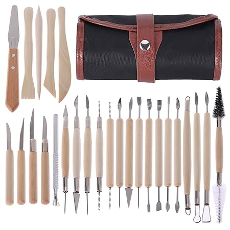 KWOKWEI Modellierwerkzeug, 26pcs Keramik Werkzeug/Grabstichel Schnitzmesser mit Holzgriff, DIY Ton Clay Sculpting Tool kit mi