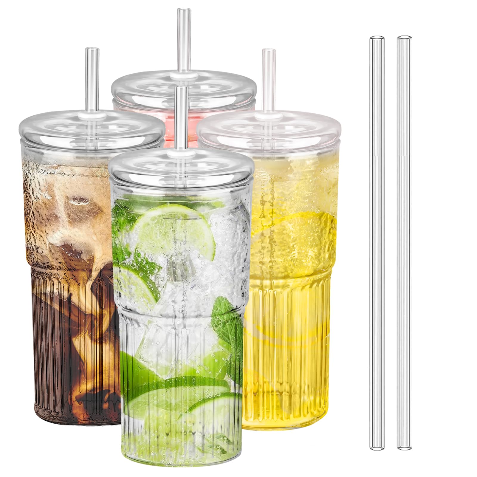 Iced Coffee Cup, 4 Pack 20Oz/600ml Clear Glasses Cups with Lids and Glass Straws Drinking Glasses for Juice, Coffee, Soda,Cocktail,Milk,Ice Water, Cold or Hot Drinks