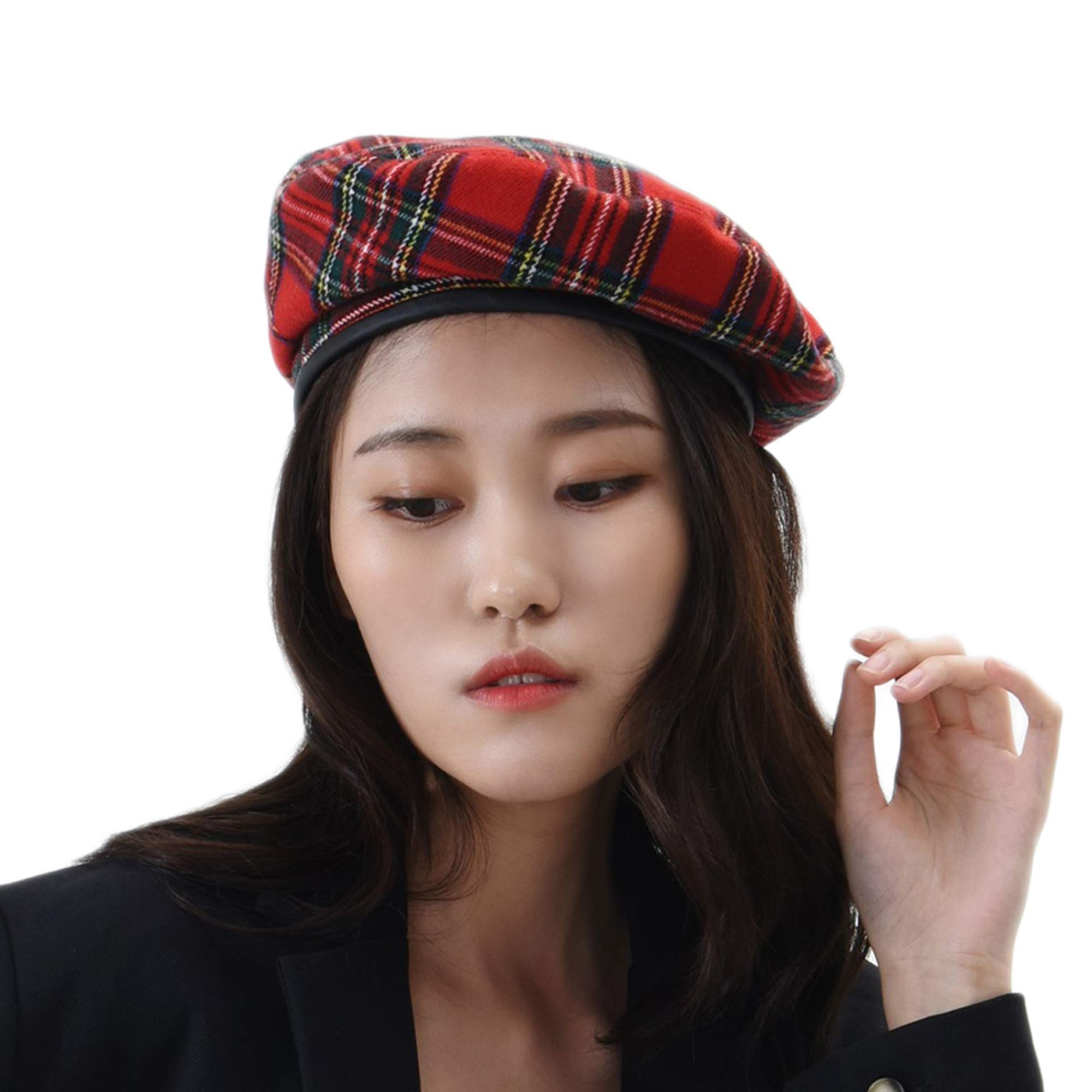 3224 Wool Beret Hat Tartan Check Leather Sweatband Kr9539 (red) WITHMOONS Wool Beret Hat Tartan Check Leather Sweatband  main image 3