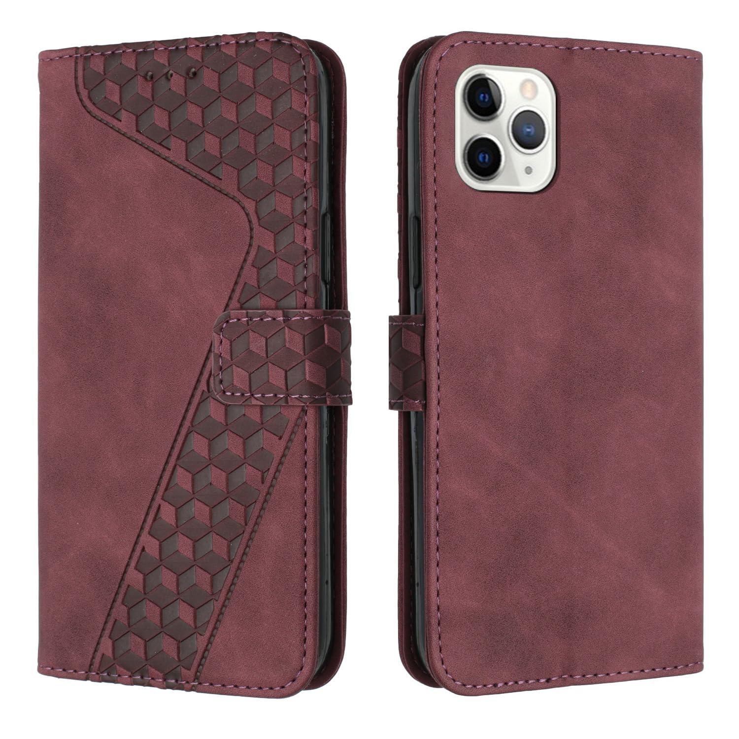 TOHULLE for iPhone 11 Pro Max Case, Premium PU Leather Wallet Case Card Holder Kickstand Magnetic Closure Plaid Pattern Embossed Design Shockproof Flip Folio Cover for iPhone 11 Pro Max - Wine Red