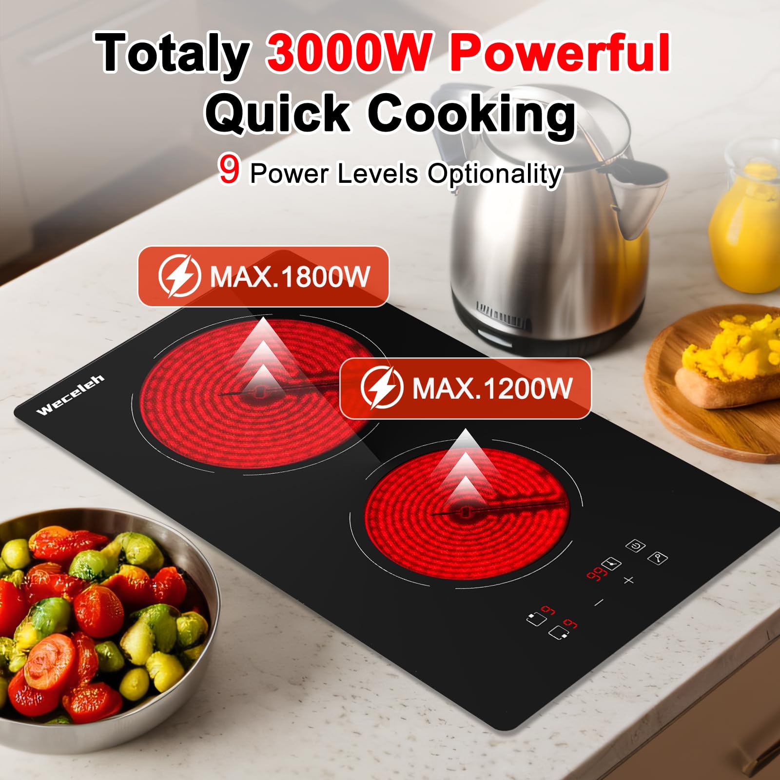 Weceleh 2 Burners Electric Cooktop, 12 inch Built-in 3200W Electric Stove Top, Ceramic Hob with Touch Control, Child Safety Lock, Overheat Protection, Timer, 9 Power Levels, Hard Wire for 220V~240V