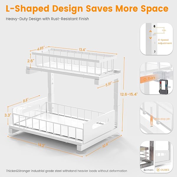 TOYEAR UNDER SINK ORGANIZER, HEAVY DUTY METAL PULL OUT CABINET ORGANIZER SLIDE OUT SINK SHELF ORGANIZER HEIGHT ADJUSTABLE, MULTI-PURPOSE STORAGE SHELF FOR KITCHEN BATHROOM(WHITE,2PACK)