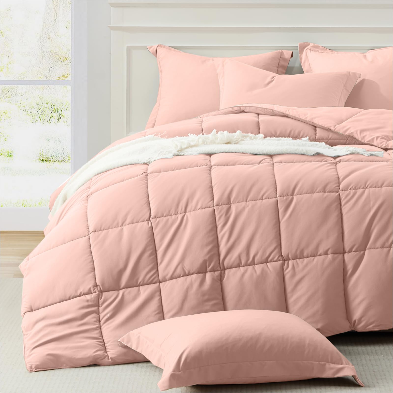 Homelike Moment Queen Comforter Set Pink, Comforters Queen Size Set, Soft Lightweight Down Alternative Bed Comforter Full Size Reversible All Season 3 Pieces Sets Pink Image