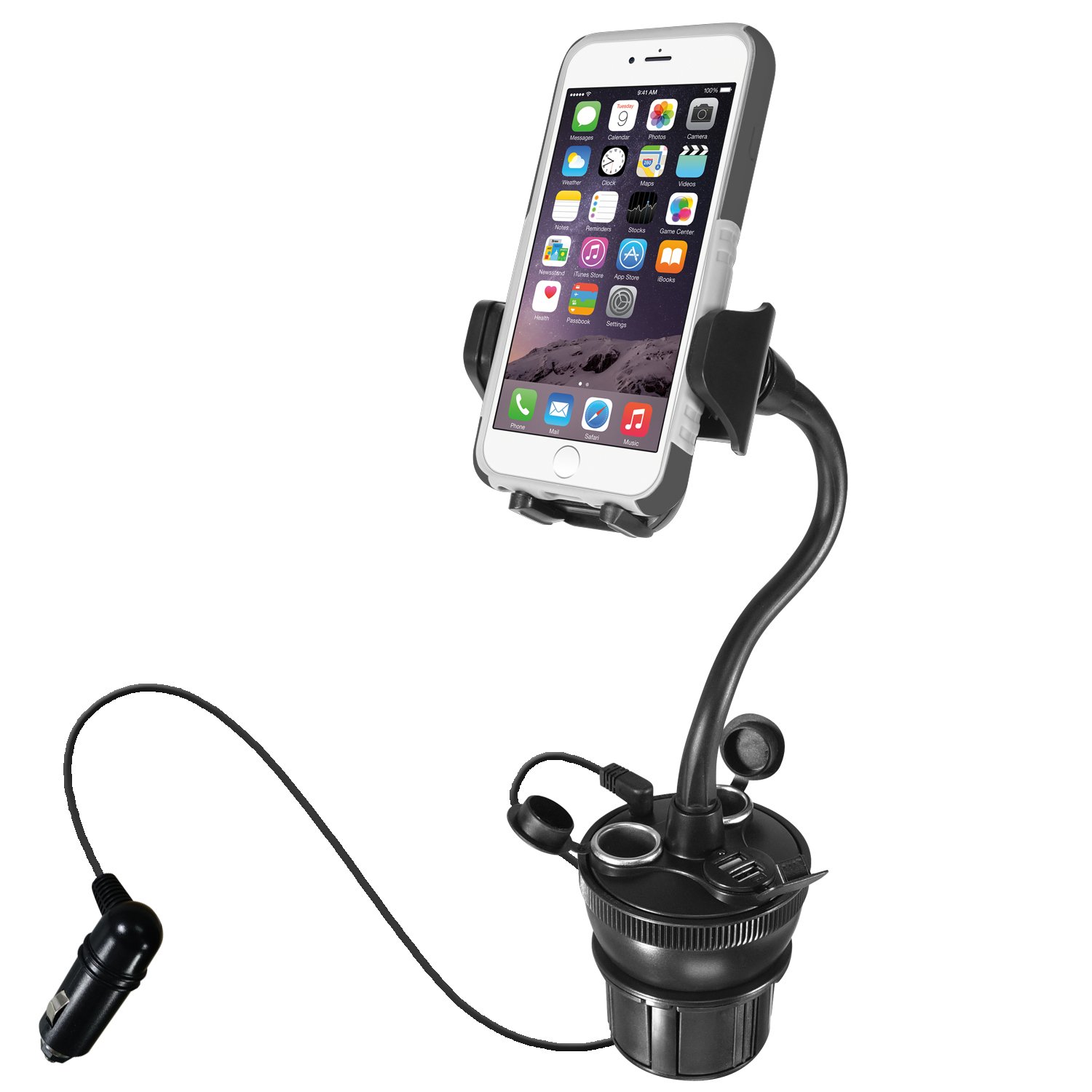 Macally MCUPPOWER 8-Inch (20 Centimeter) Super-Long Adjustable Car Cup Mount Phone Holder with 2 USB Ports and 2 Cigarette Lighter Sockets
