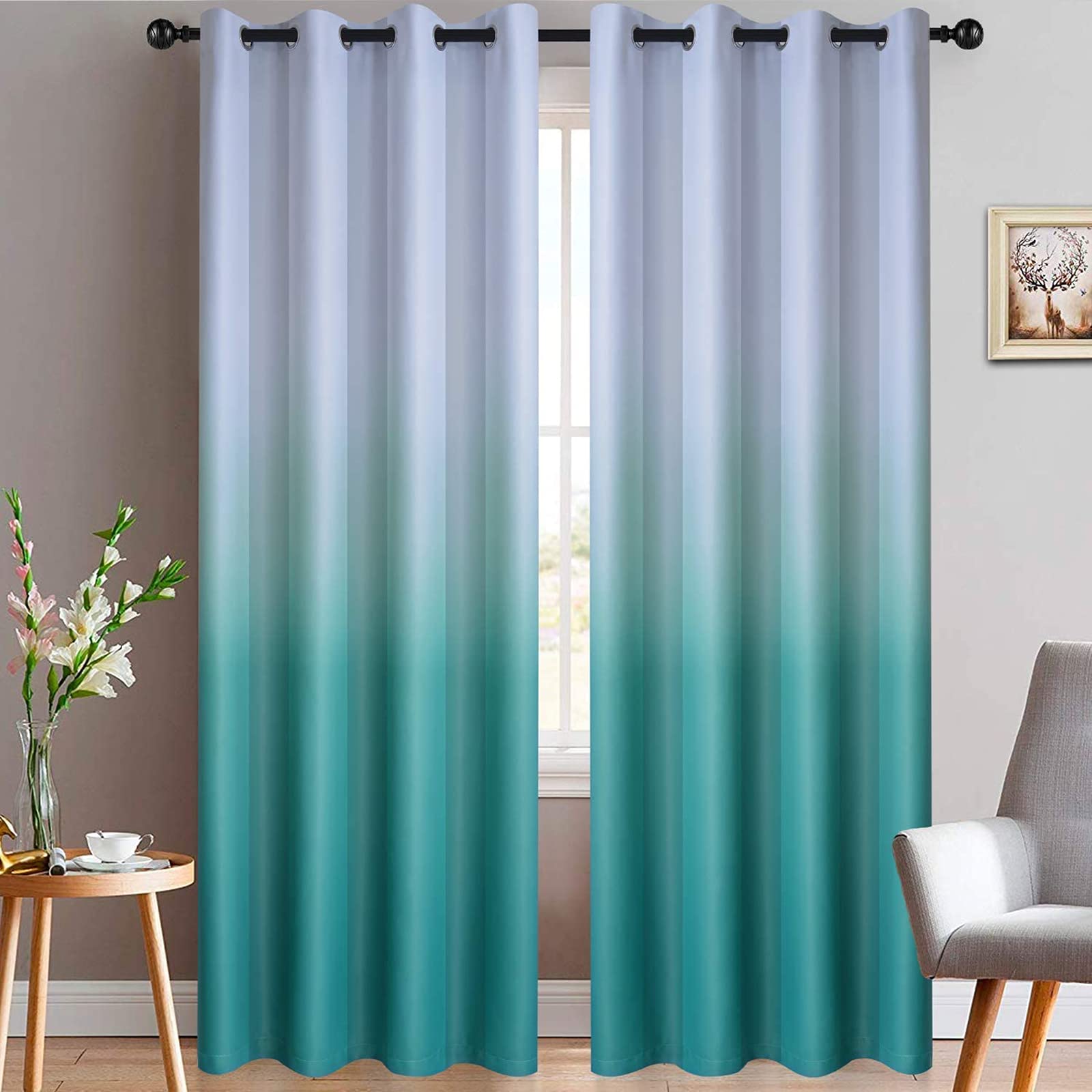 Yakamok Thermal Insulated Grommet Window Drapes Gradient Color Ombre Curtains Room Darkening Panels for Bedroom (Teal, 52x84 Inch, Set of 2)