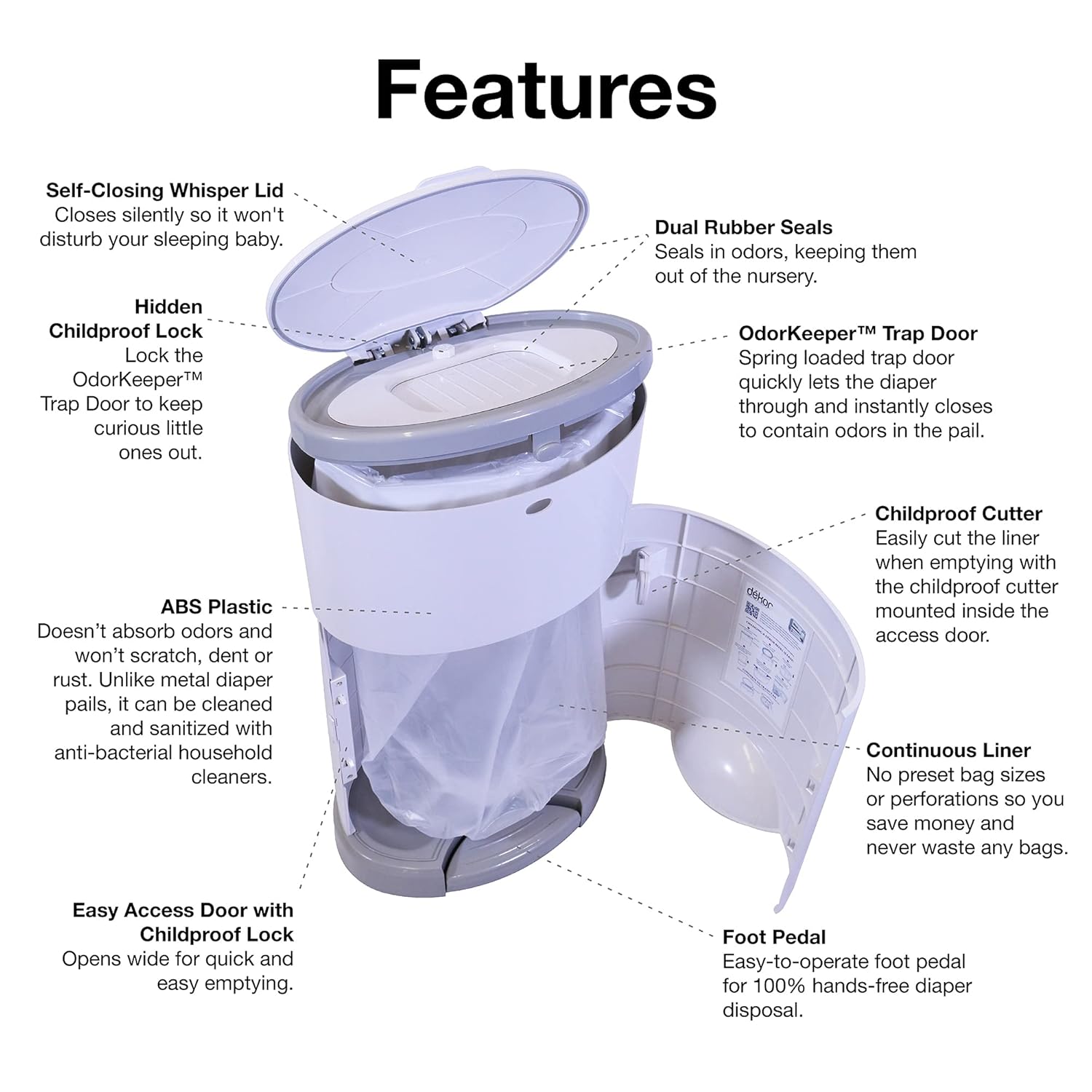 Dekor Classic Hands-Free Diaper Pail | White | Easiest to Use | Just Step – Drop – Done | Doesn’t Absorb Odors | 20 Second Bag Change | Most Economical Refill System : Baby