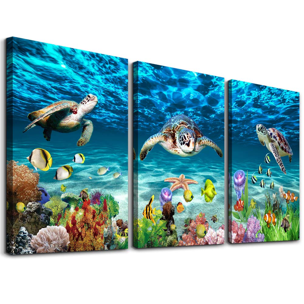 MHARTK66 Ocean Turtle Canvas Wall Art for Living Room, Blue Sea Underwater Landscape Modern Artwork Bathroom Pictures Bedroom Wall Decor, Family Print Painting Wall Decoration Hallway Office