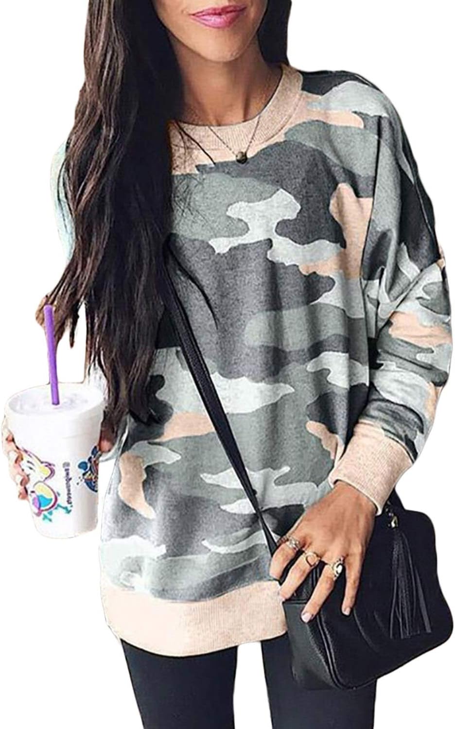 Malaven Women Camo Print Long Sleeve Crew Neck Loose Fit Casual Fall Sweatshirt Pullover Blouses Tops Shirts US 18 20