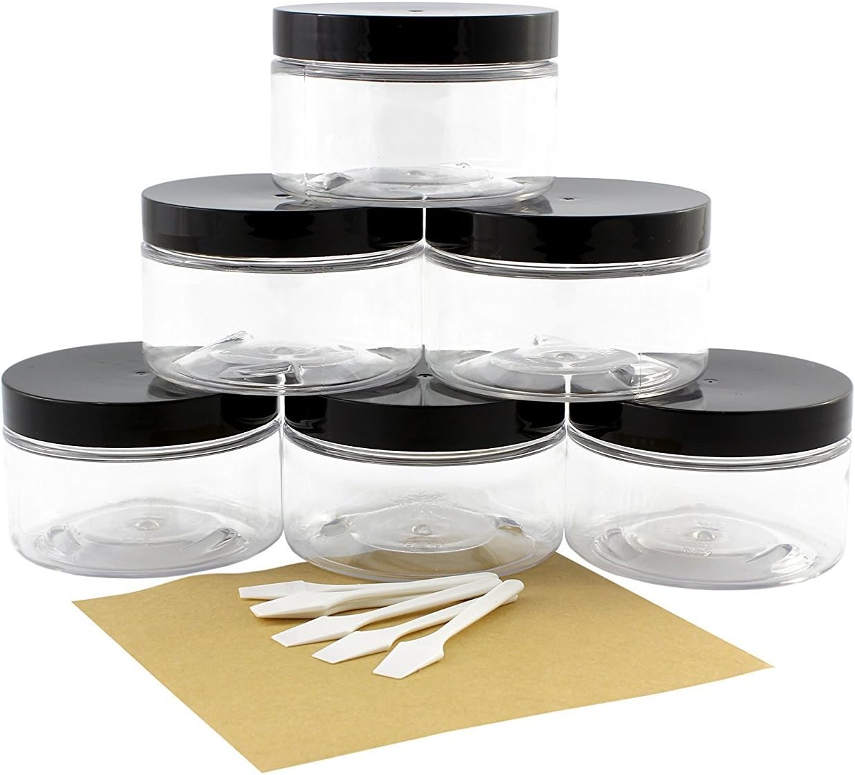 Six 4oz Clear Straight Sided PET Plastic Jars w Labels & Spatulas & Black Lids (6 Jars); Low Profile Refillable Empty BPA-free Containers Great for Cosmetics, Kitchen, Gifts & Travel (6-pack, clear)
