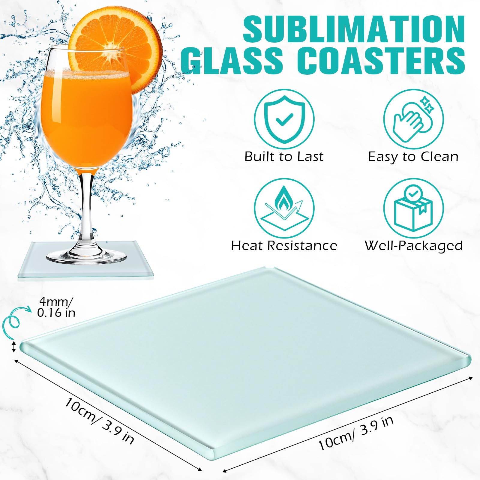 Condition photo showing New/Like New for lemonroad 12 pcs sublimation blank glass coasters, 3.9 inch square diy photo glass drink coasters with foot pads for mugs, cups, dining tables, office, kitchen, home and parties