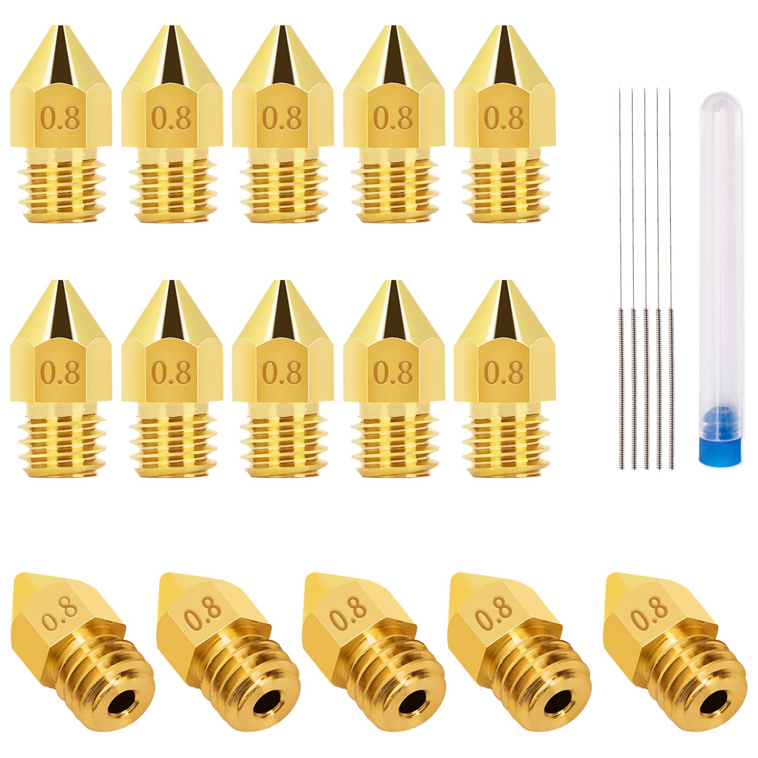 LUTER 15PCS 0.8mm 3D Printer Nozzles Extruder Nozzles for MK8 + 5 PCS 0.6mm Stainless Steel Nozzle Cleaning Needles for Makerbot Creality CR-10
