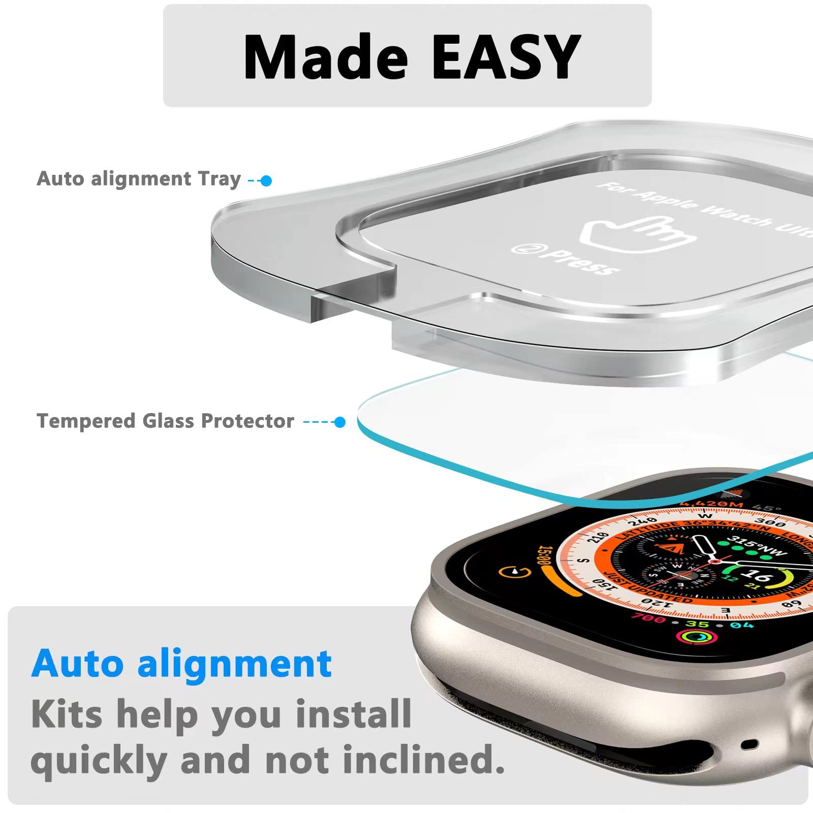SWUU 2 Pack Tempered Glass Screen Protector with Auto-alignment Installation Frame Compatible with Apple Watch Ultra 2 / Ultra Screen Protector 49mm, Waterproof HD Film for iWatch Ultra 49mm Clear