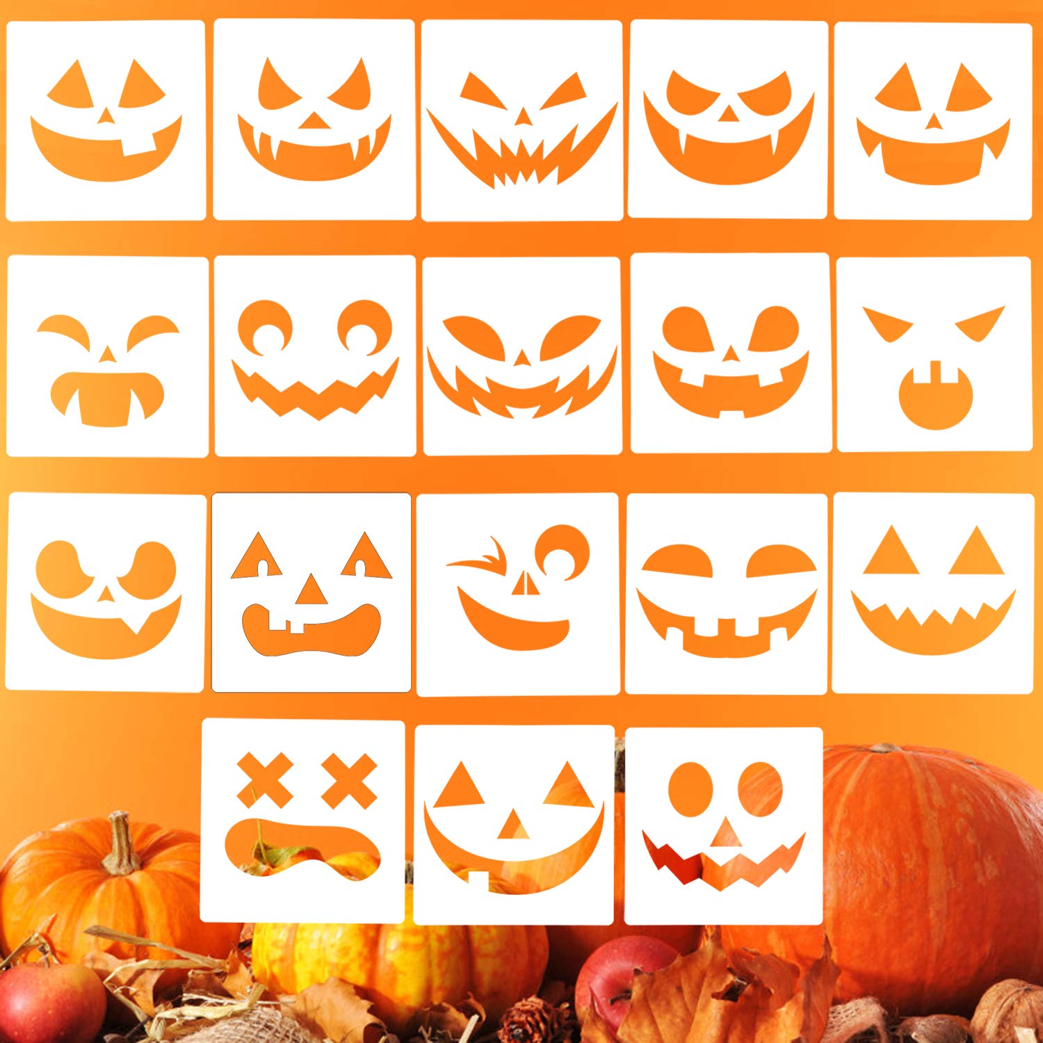 18 Pieces Halloween Stencils 5.3 x 5.3 Inch, Assorted Pumpkin Stencils for Carving Halloween Pumpkin Smiley Face Drawing Templates Stencils for Painting on Wood Wall