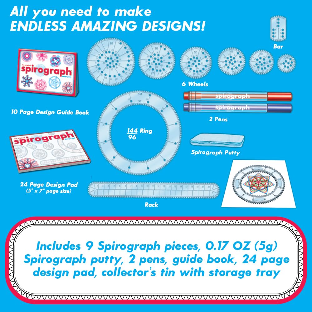 Spirograph Design Set Collectors Tin – Arts and Crafts, Kids Toys, Art Supplies, Craft Supplies, Drawing Kit, Spiral Art, Classic Gear Design Kit, Pens, Design Sheet Included, Ages 8 and Up