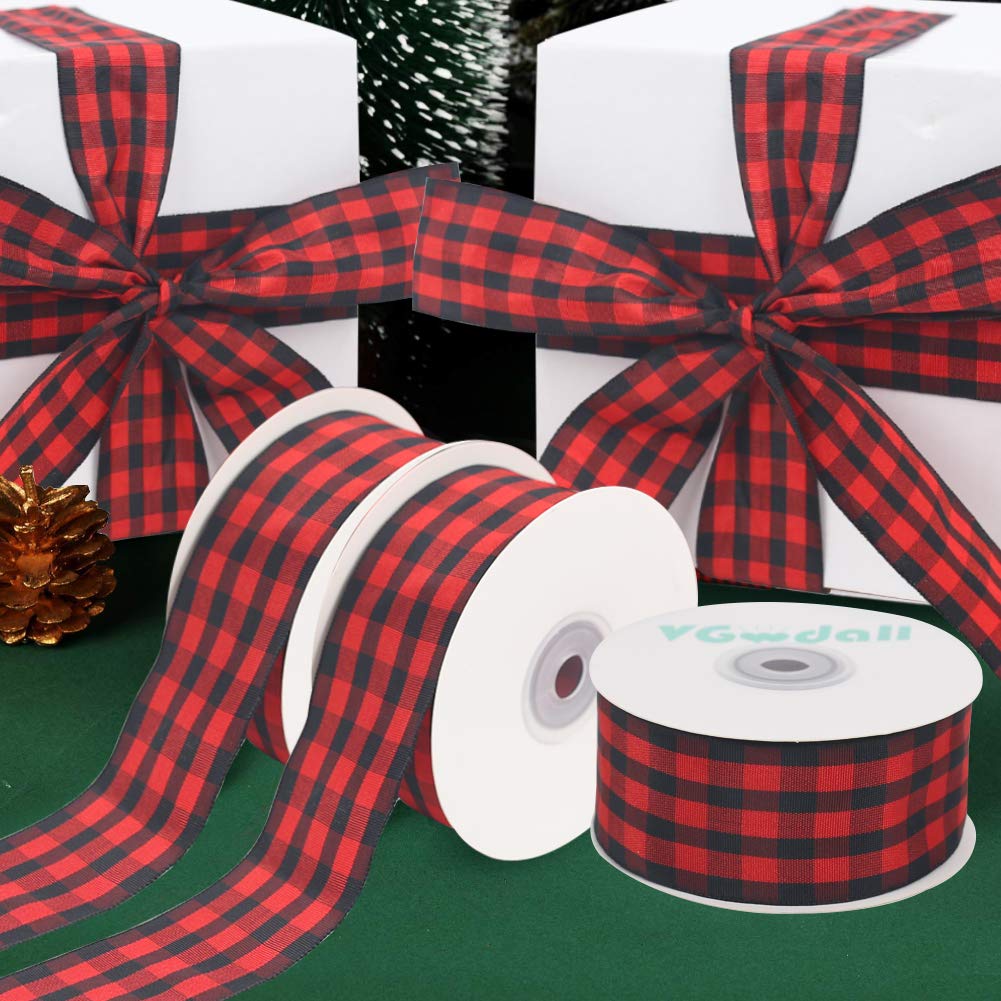 VGOODALL Buffalo Plaid Ribbon Decoration-25 Yards and 1.5 Inch Black Red Plaid Ribbon, Decorate Your House,Christmas Wreaths,Staircase and DIY Any Kind of Style You Like