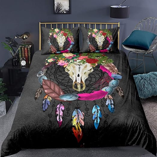 Amazon Com Feelyou Boho Cow Skull Duvet Cover Set King Size Floral Feather Bedding Set Soft Microfiber Polyester Hippie Bohemian Dream Catcher Comforter Cover With 2 Pillow Shams 3d Animals Print Home