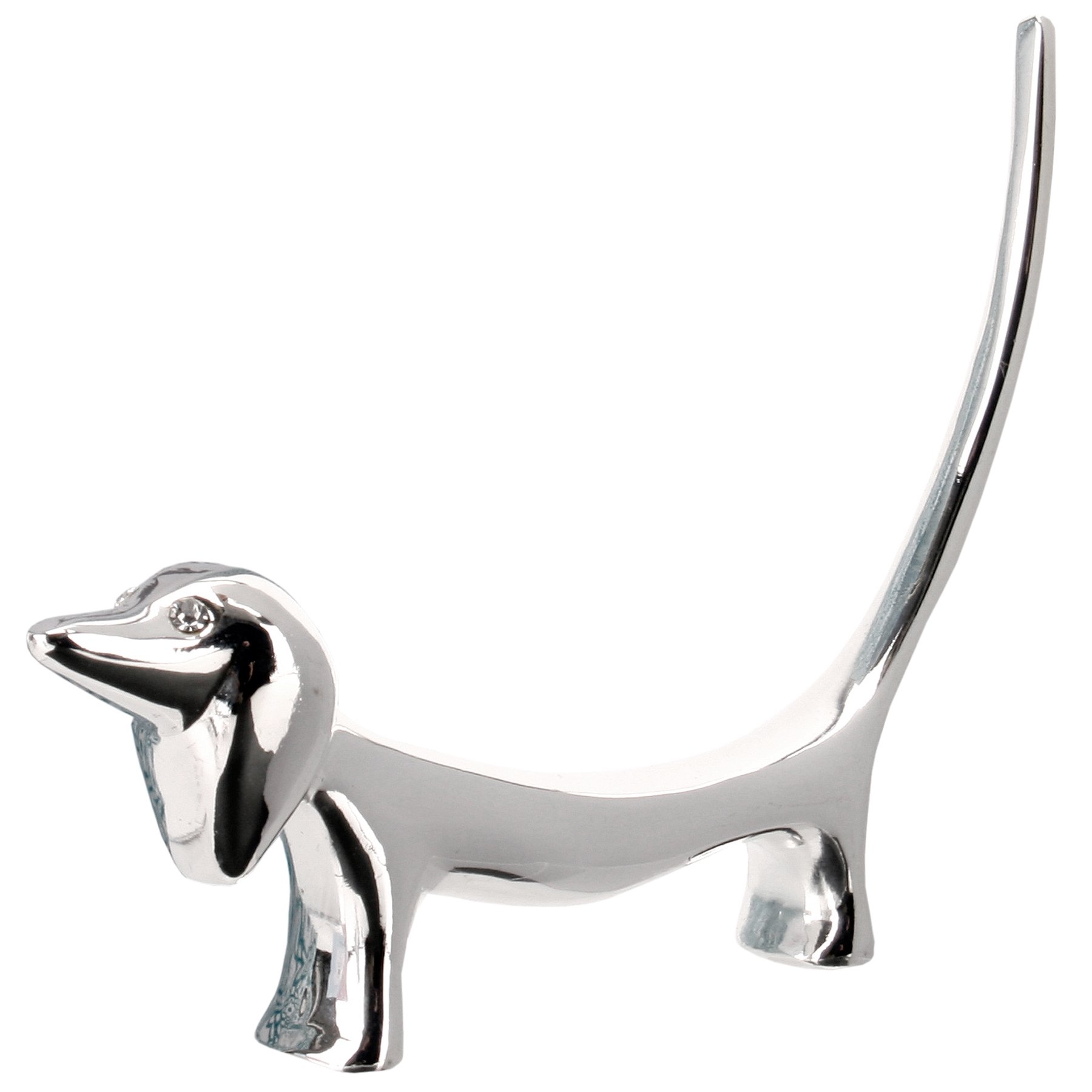 Jewellery Ring Holder SAUSAGE DOG - Metal Silver Finish Organiser Stand - Gift Boxed