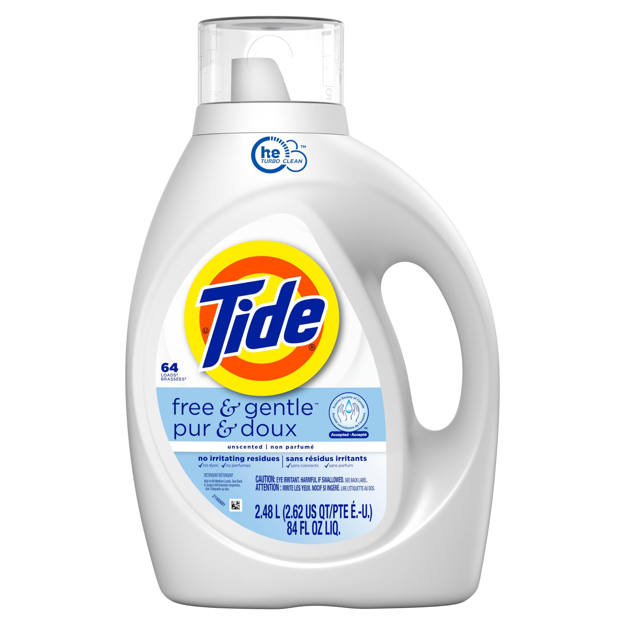 Tide Free & Gentle, Liquid Laundry Detergent Soap, Unscented, Hypoallergenic for Sensitive Skin and Free of Dyes, HE Compatible, 64 Loads, 84 fl oz