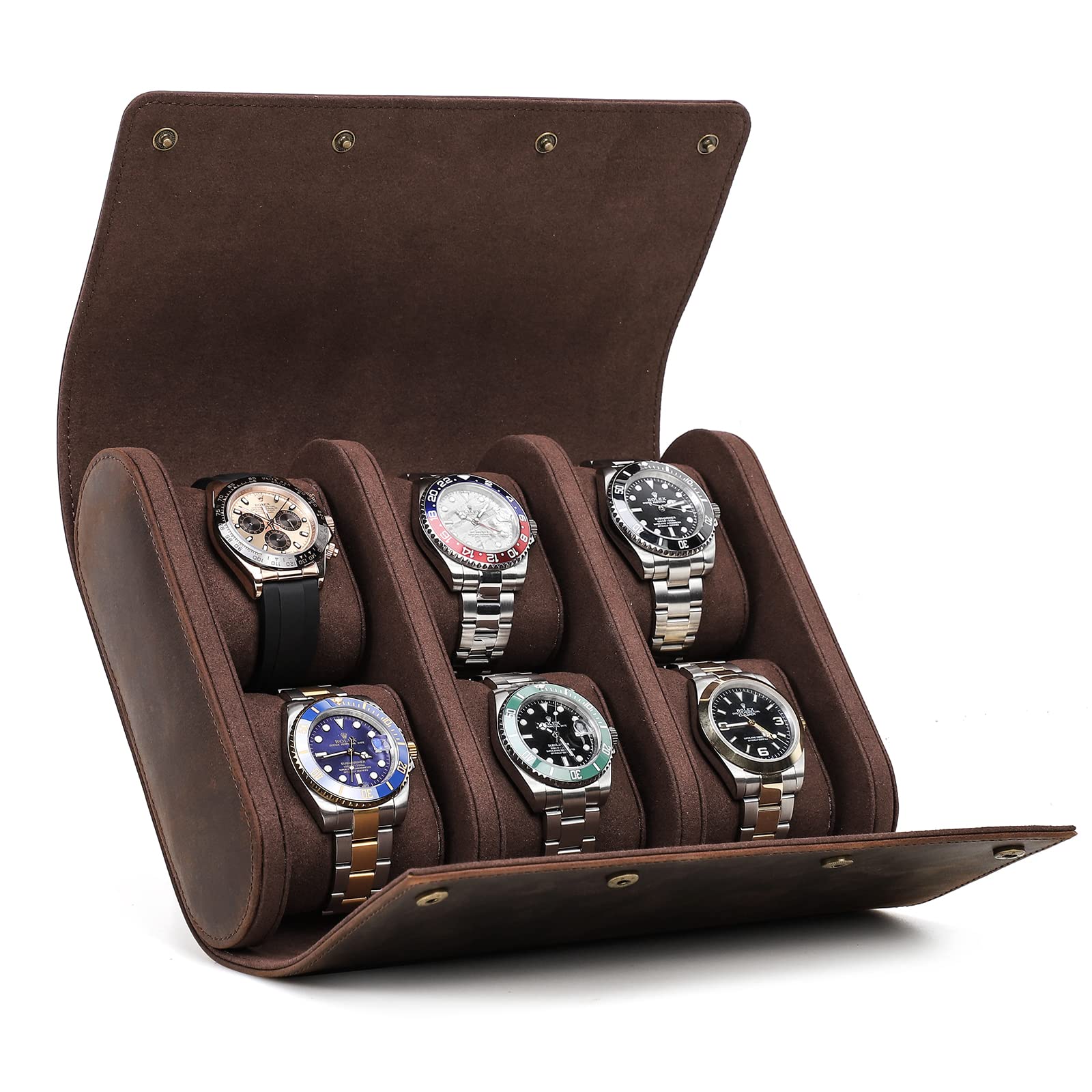 CONTACTS Genuine Leather Watch Case Roll Travel,Jewelry Watchse Storage Box and Cylindrical Watch Protector Sleeve Soft Lining Bag (Coffee2, 6 Pcs watches)