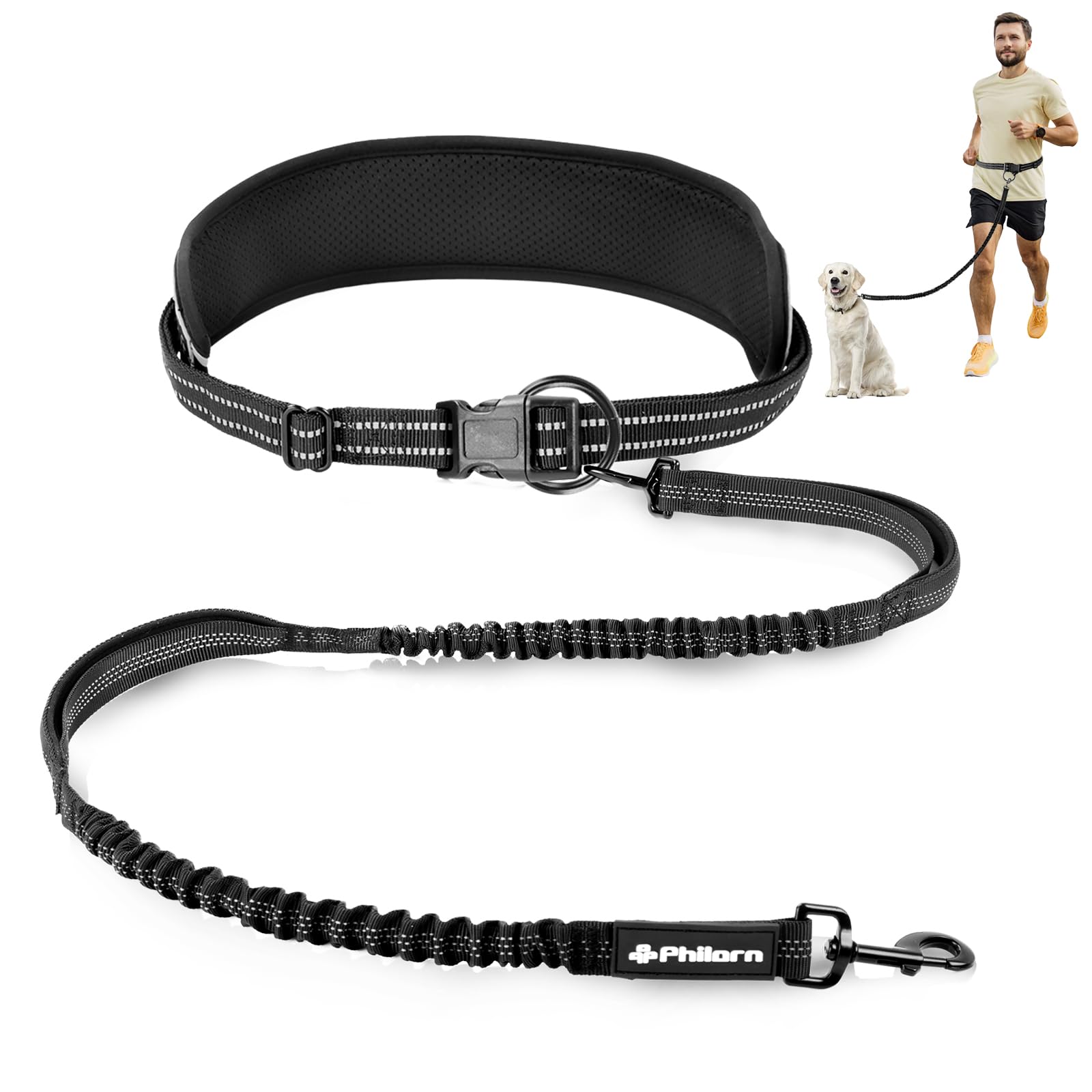 Photo 1 of Philorn Hands Free Dog Leash, Waist Belt Leash for Large Medium Dogs for Running, Walking, Jogging and Hiking, Dual Padded Handles and Durable Bungee - Black