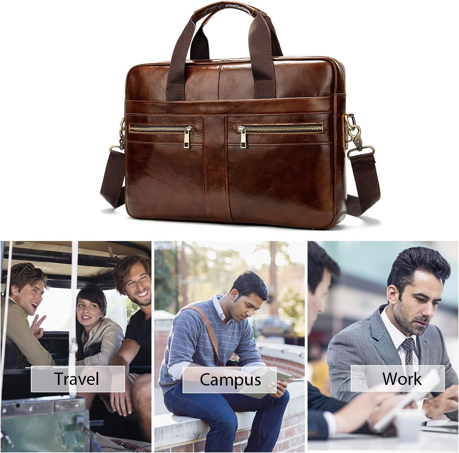 FANDARE Mens Briefcase 12.9 inch Laptop Shoulder Satchel Crossbody Bag Genuine Leather Handbag Waterproof Messenger Sack for Travel Business Brown - Image 4