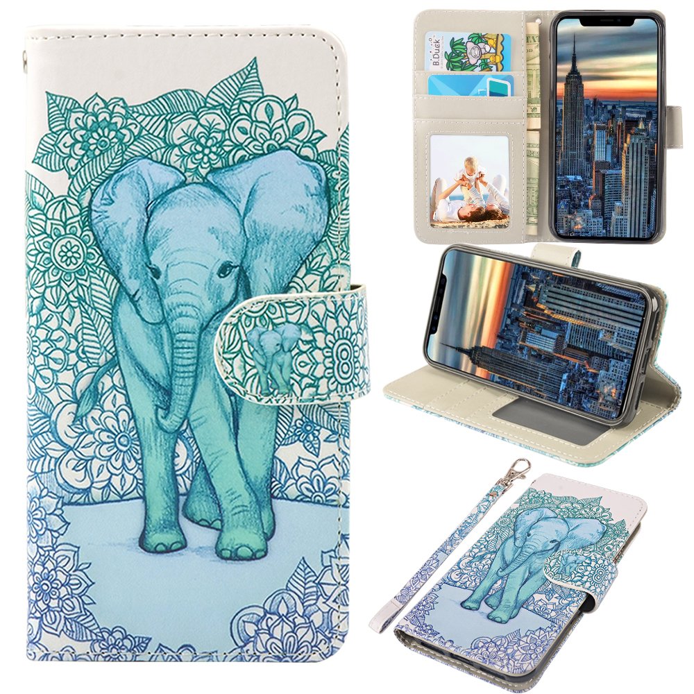 iPhone X Case, MagicSky iPhone X Wallet Case, Premium PU Leather Wristlet Flip Case Cover with Card Slots & Stand for Apple iPhoneX - Elephant