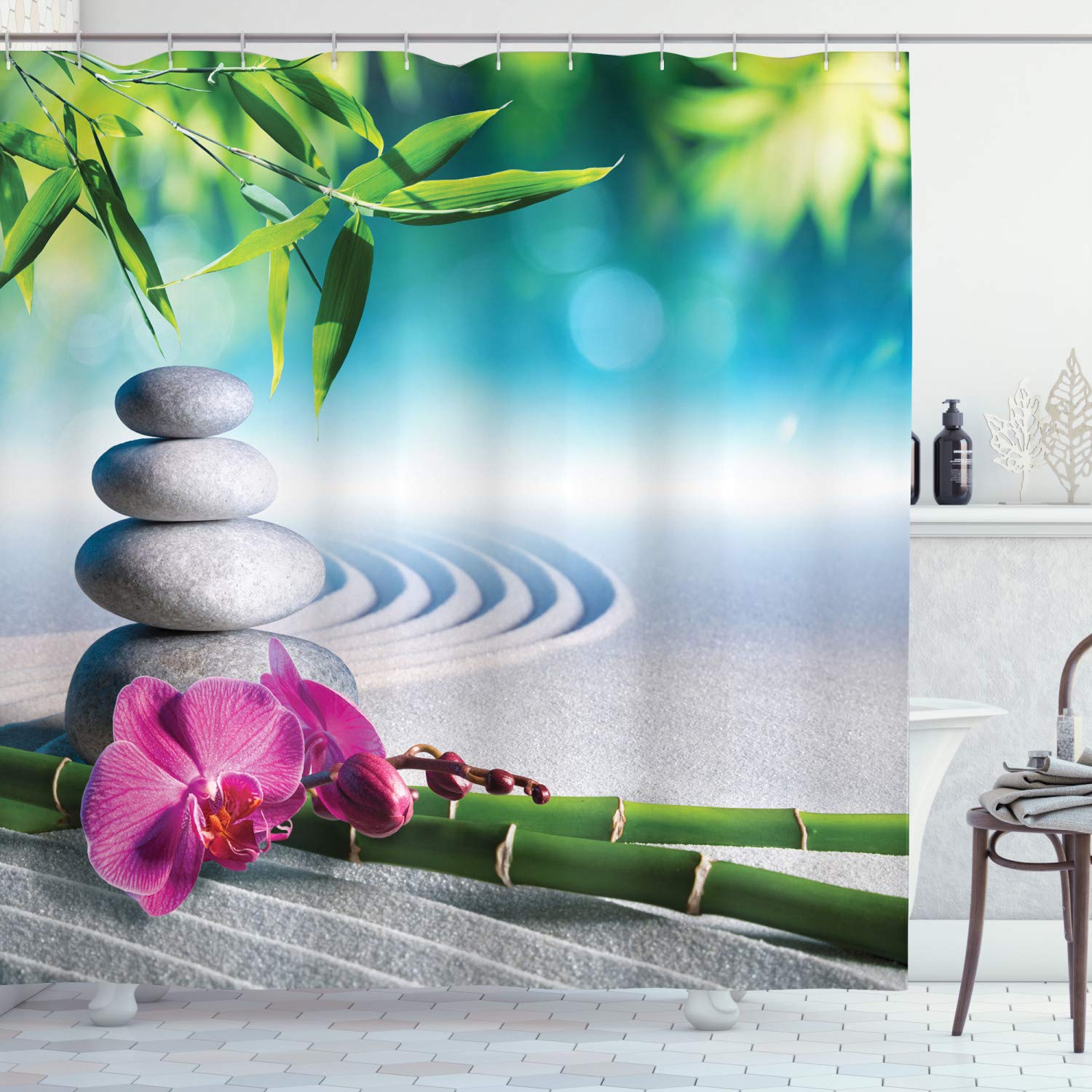 ABAKUHAUS Spa Shower Curtain, Sand Orchid and Massage Stones in Garden Sunny Day Meditation Yoga, Cloth Fabric Bathroom Decor Set with Hooks, 70 Inches, Blue Fern Green Fuchsia