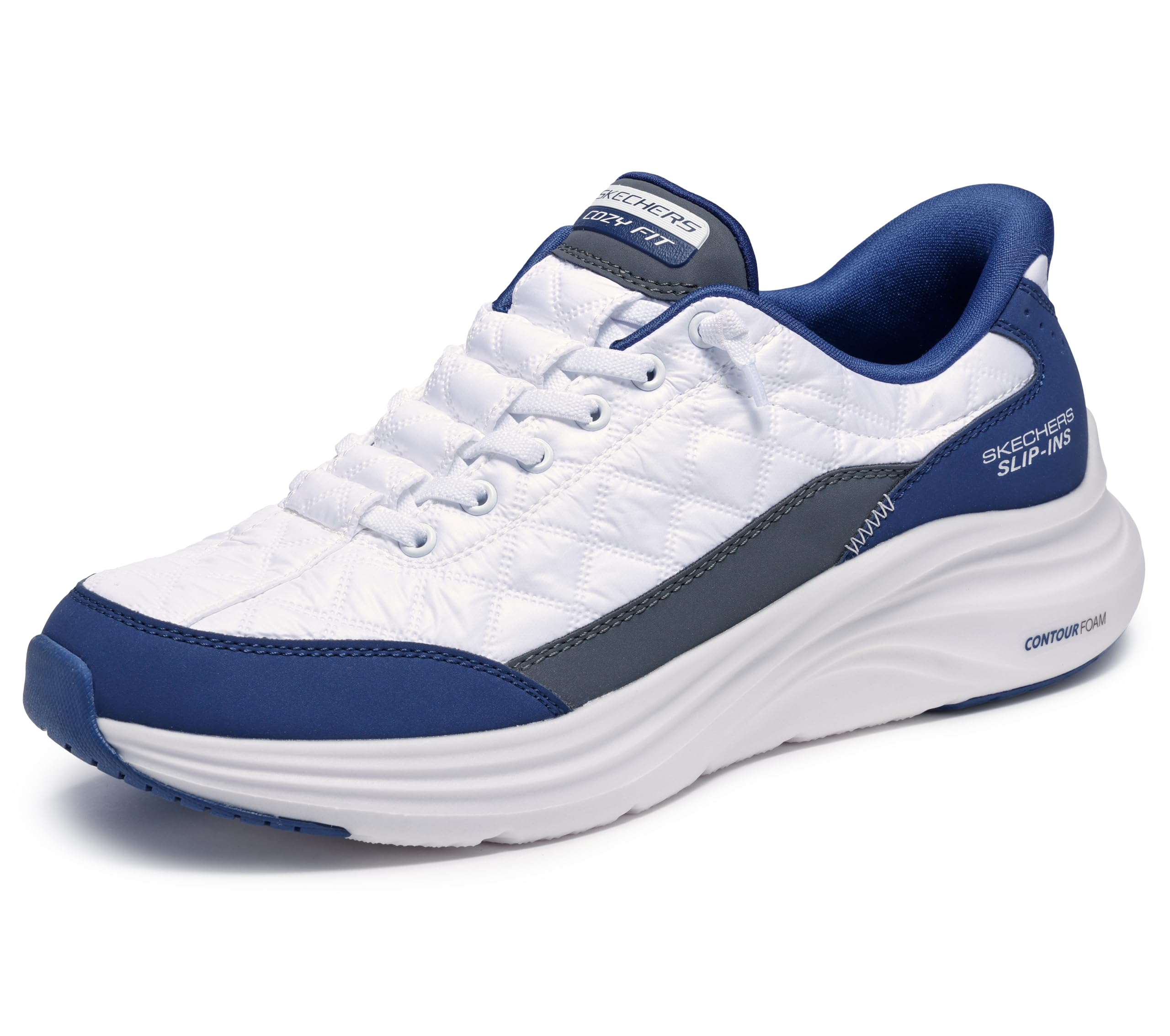 Skechers Men's Contour Foam Cozy Fit Hands Free Slip-in Sneaker,White/Navy,13 Wide Image