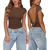 Pungdra Womens Open Back Tops for Women Trendy Backless Shirt Short Sleeve Slim Fit Going Out Top Y2k Basic Clothes