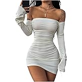 Milumia Women's Off The Shoulder Ruched Mini Dress Y2K Split Side Long Sleeve Bodycon Party Club Going Out Dresses