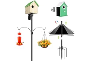 YINGYM Bird Feeder Pole, 79 Inch Heavy Duty Bird House Pole Mount Kit for Outdoors, Adjustable Feeding Stand, with 2-Hooks, Metal Squirrel Baffle and 5-Prong Base, Black