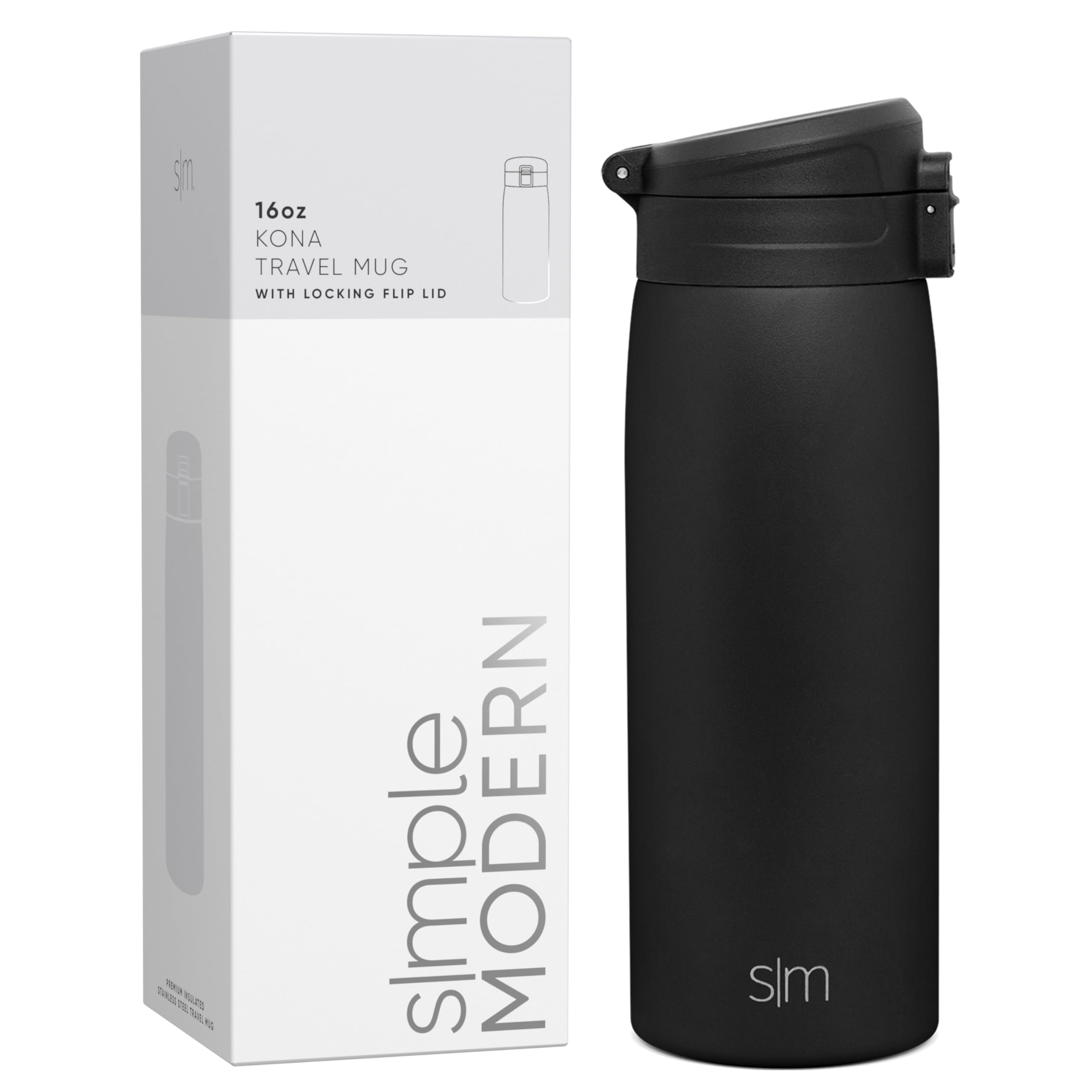 Simple Modern Travel Coffee Mug with Snap Flip Lid | Insulated Reusable Stainless Steel Tumbler Cup | Gifts for Women & Men | Kona Collection | 470ml | Midnight Black