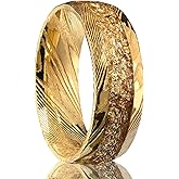 Concept Knight Golden Damascus Steel Ring for Men Women 8mm Hammered Inlay Full Circle Gold Foil Men's Engagement Wedding Bands Fashion Suitable for Anniversary