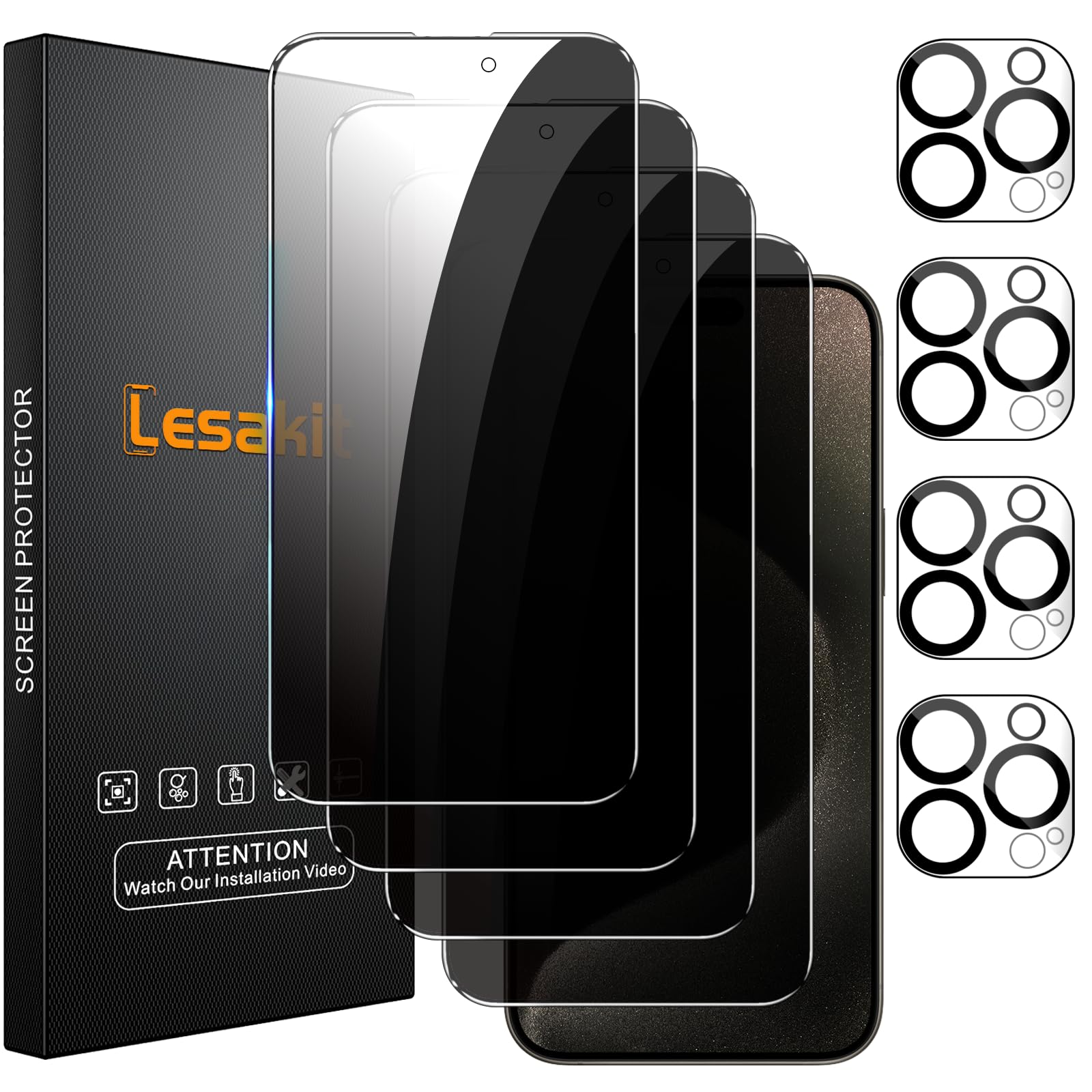 Photo 1 of Lesakit 4+4 Pack Privacy Screen Protector for iPhone 15 Pro Max 6.7-Inch with 4 Pack Camera Lens Protector, Anti Spy Tempered Glass Film 9H Hardness Case Friendly