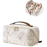 EACHY Travel Makeup Bag,Large Capacity Cosmetic Bags for Women,Waterproof Portable Pouch Open Flat Toiletry Bag Pattern Makeup Bag (F-Beige-Large)
