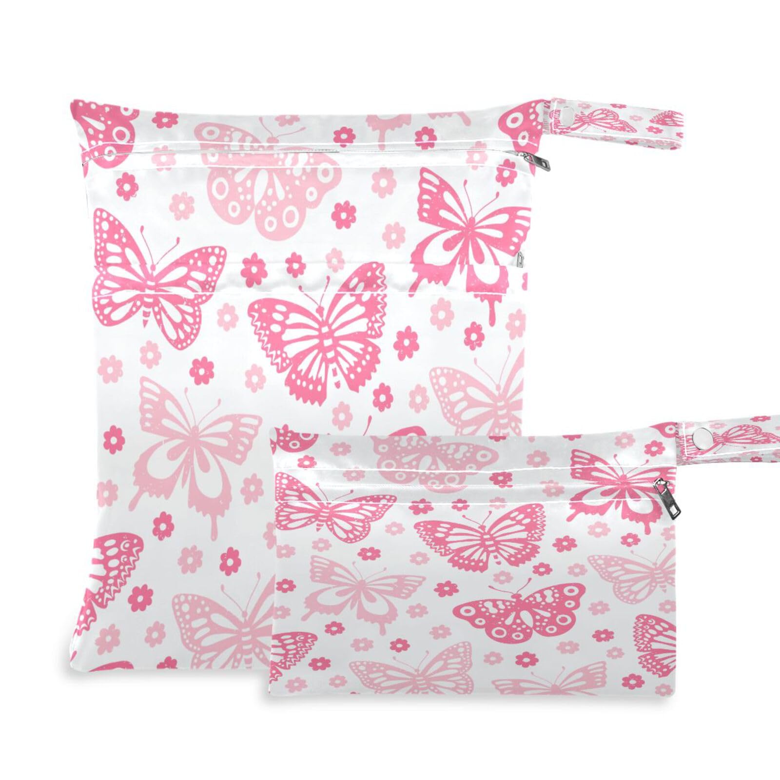 JUMBEAR Pink Butterfly Wet Dry Bags Sets Waterproof Reusable Travel Beach Baby Cloth Diaper Wet Dry Bags Organizer with Two Zippered Pockets for Swimsuit and Gym 2PCS