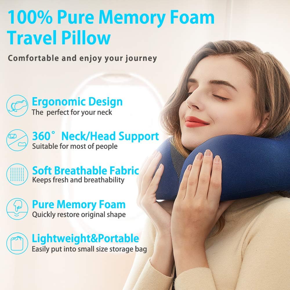 Travel Pillow 100% Pure Memory Foam Neck Pillow,Comfortable&Breathable Cover,Machine Washable,360° Neck&Head Support Pillow Travel Kits with 3D Sleep Mask/Earplugs/Luxury Bag,Great for Airplane/Travel: Kitchen & Dining