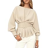 MISSACTIVER Long Sleeve Peplum Tops for Women Boat Neck Ruffle Cropped Sweatshirt with Belt Fall Dressy Pullover Shirts
