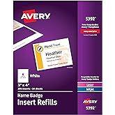 Avery Customizable Name Badge Inserts for Name Tag Holders, 3" x 4", White, Laser/Inkjet Printable, 300 Total (5392)
