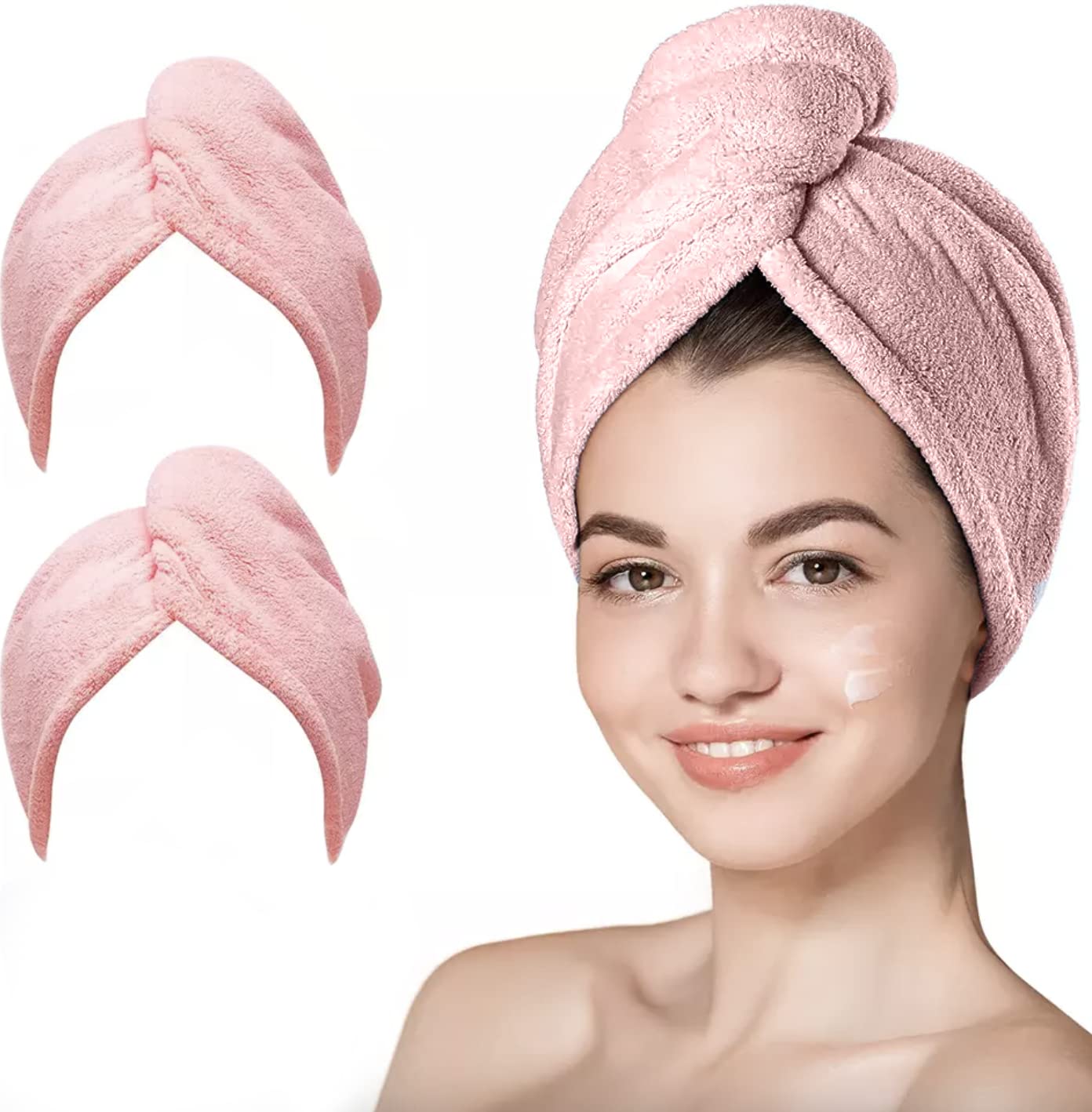 unel Microfiber Hair Towel, Fast Drying Soft and Anti Frizz Head Towel, Super Absorbent Turban Cap 65cm x 25cm (Pink, 2)