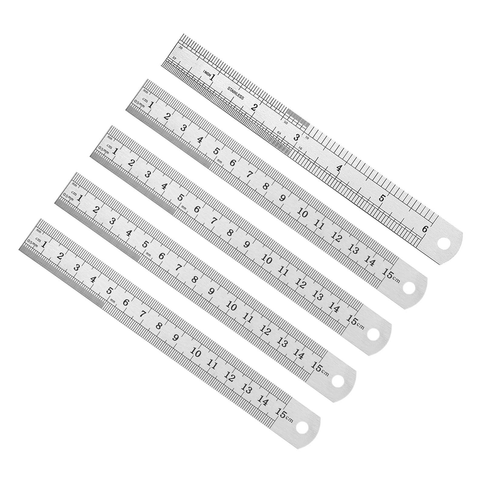 Kozelo 5 pcs Metal Straight Edge Ruler - [ 150mm 6 Inch Metric ] Stainless Steel Centimeters Rulers for Precision Measuring Use, with Hang-up Hole